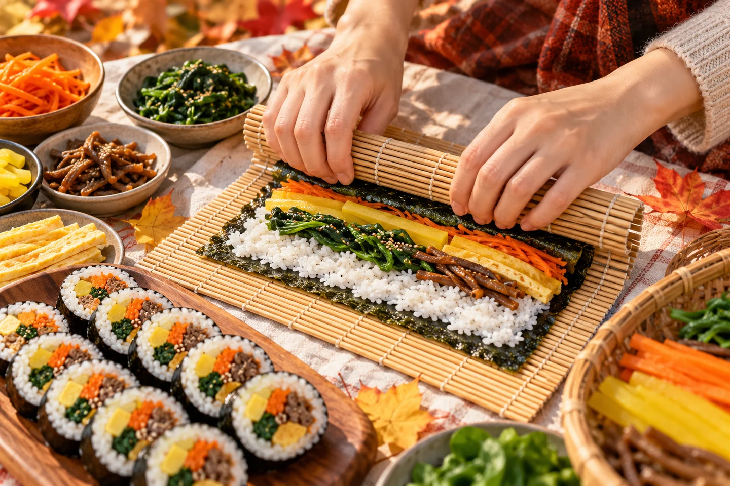 김밥을 말아보는 손과 재료를 표현한 편집 이미지