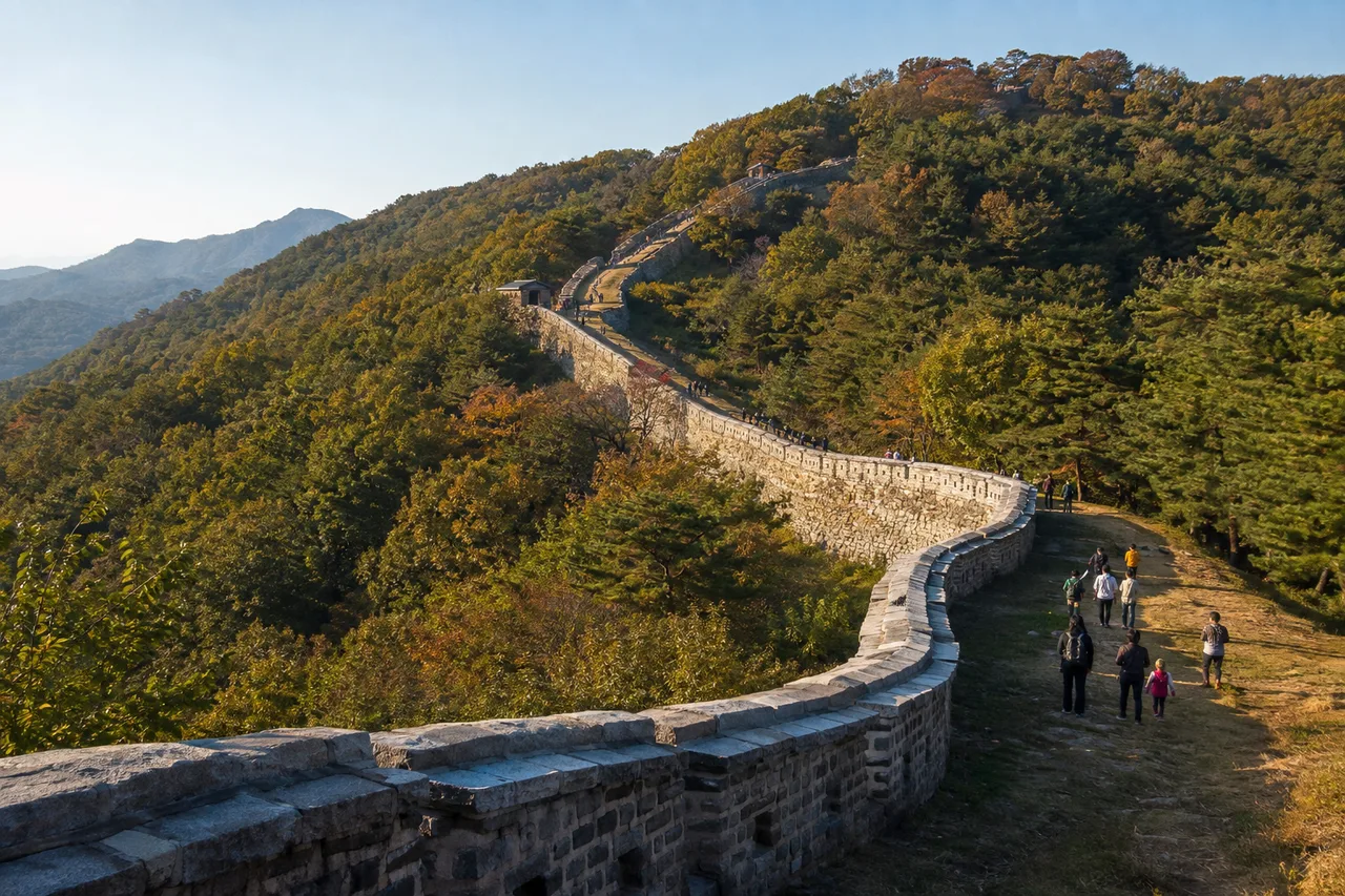 남한산성 성곽길과 가을 숲을 걷는 방문객들