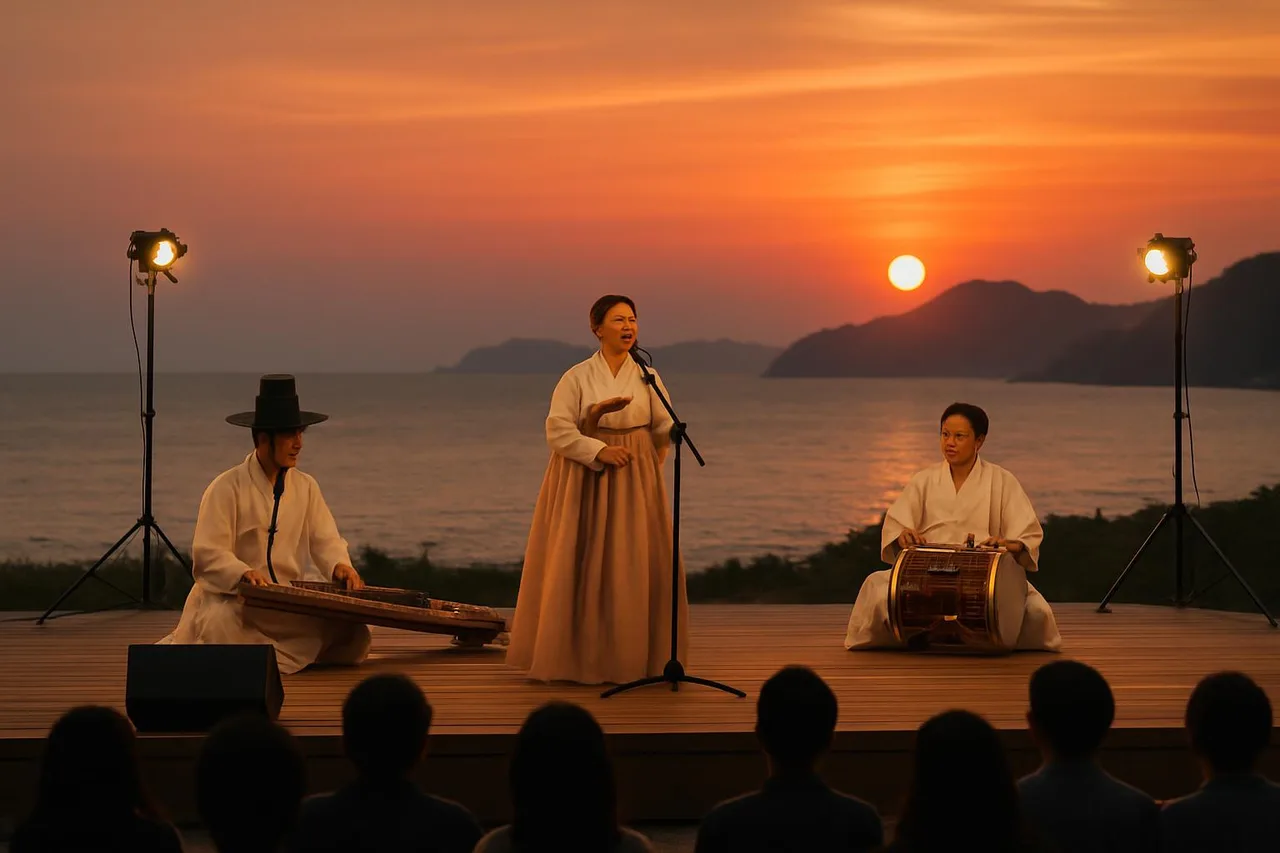 노을을 배경으로 한 야외 전통음악 공연 장면