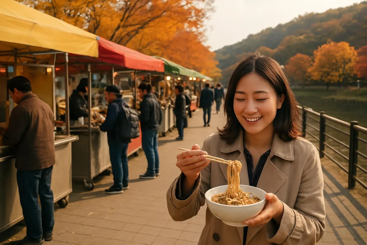 부스에서 막국수를 받아 든 방문객과 공지천 강변