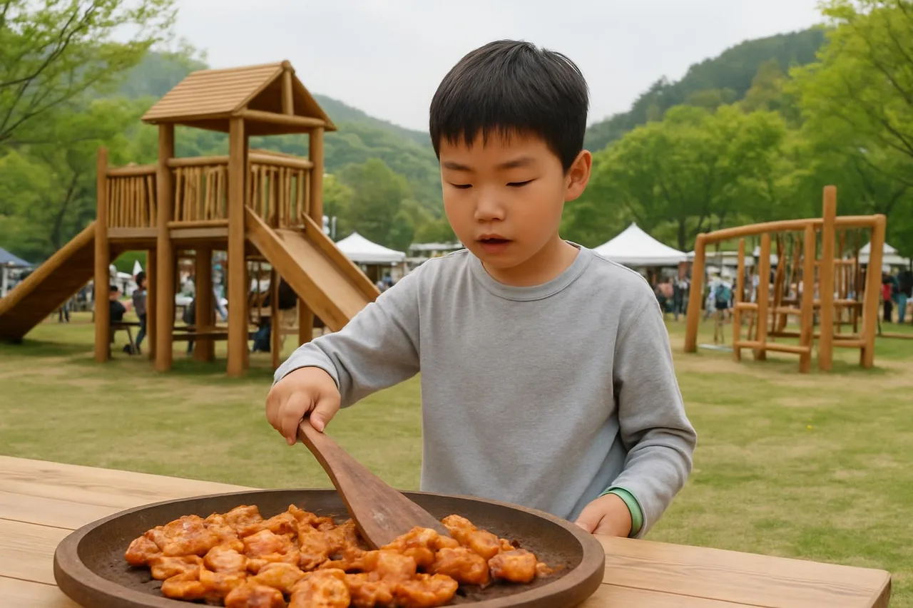 원목 닭갈비 체험을 하는 어린이와 친환경 놀이터