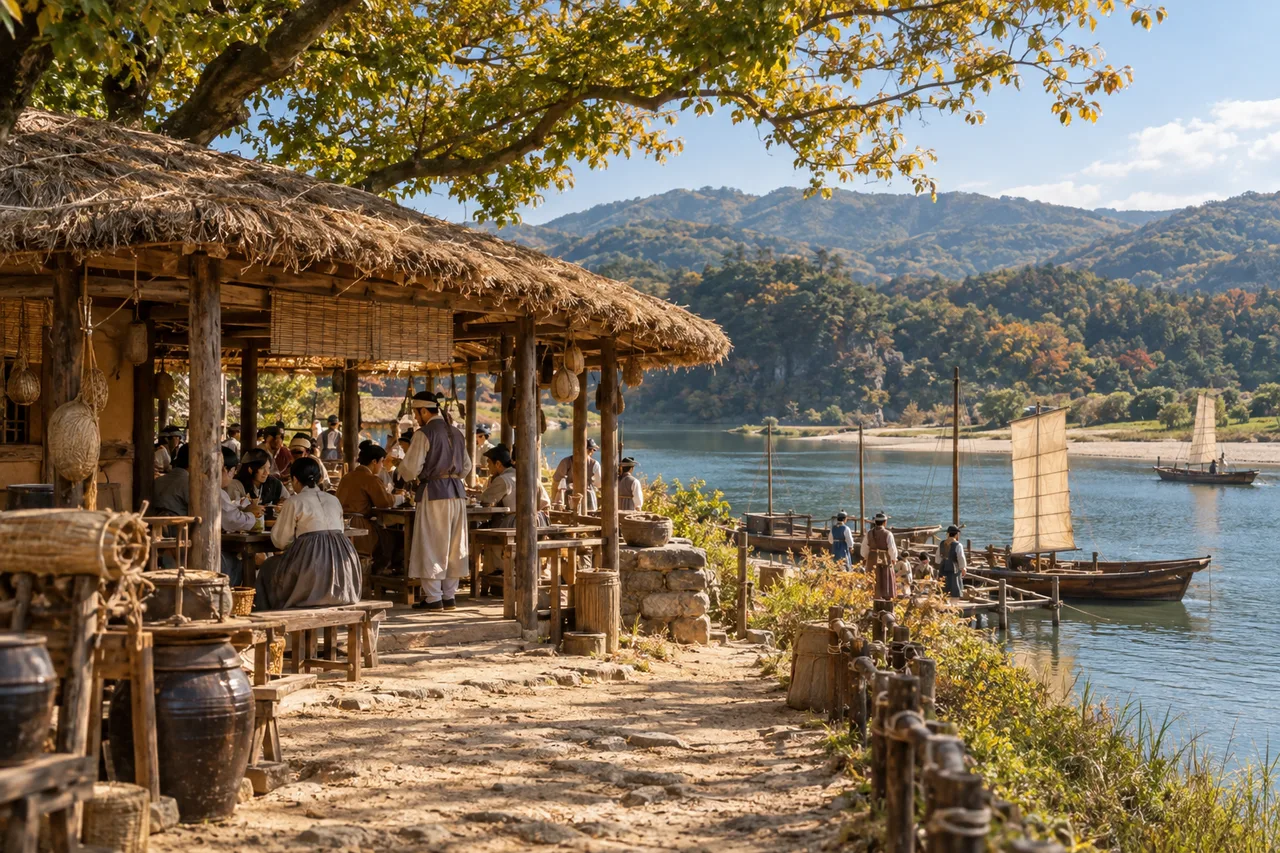 예천 삼강주막과 나루터 풍경을 재현한 AI 생성 이미지