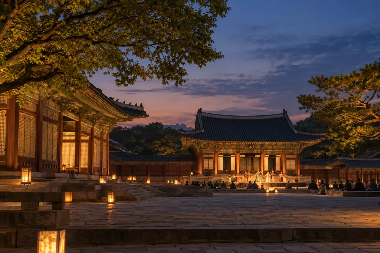 창경궁 문정전의 궁중 연향 분위기를 재현한 AI 생성 이미지