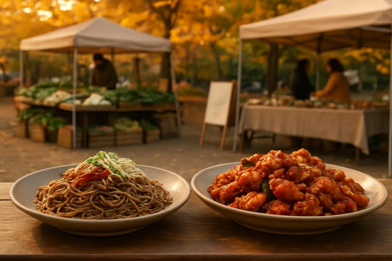 막국수와 닭갈비 접시 클로즈업과 주변 부스 모습