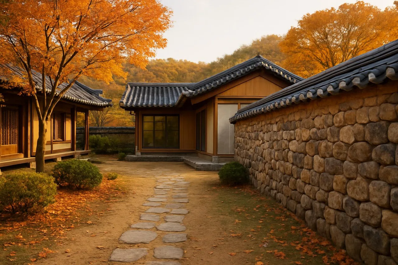 한국정원 구역의 돌담과 마당 풍경