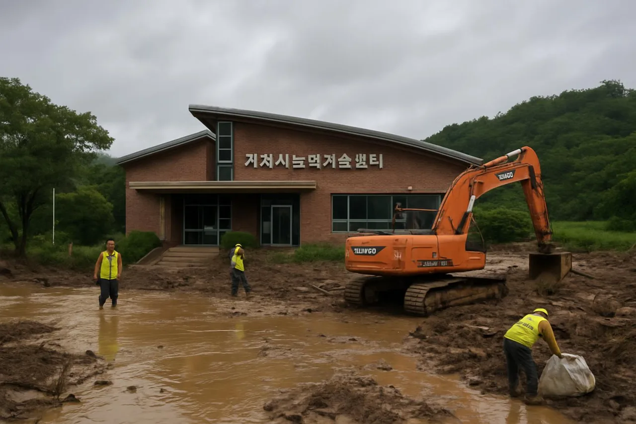 침수 피해 흔적과 복구 작업이 진행 중인 거제시농업기술센터 전경
