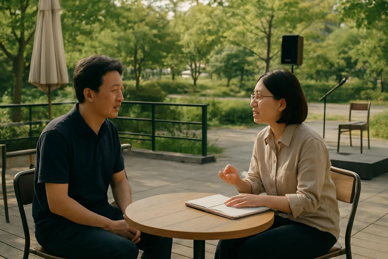 야외 테라스에서 작가와 주민이 대화하는 장면