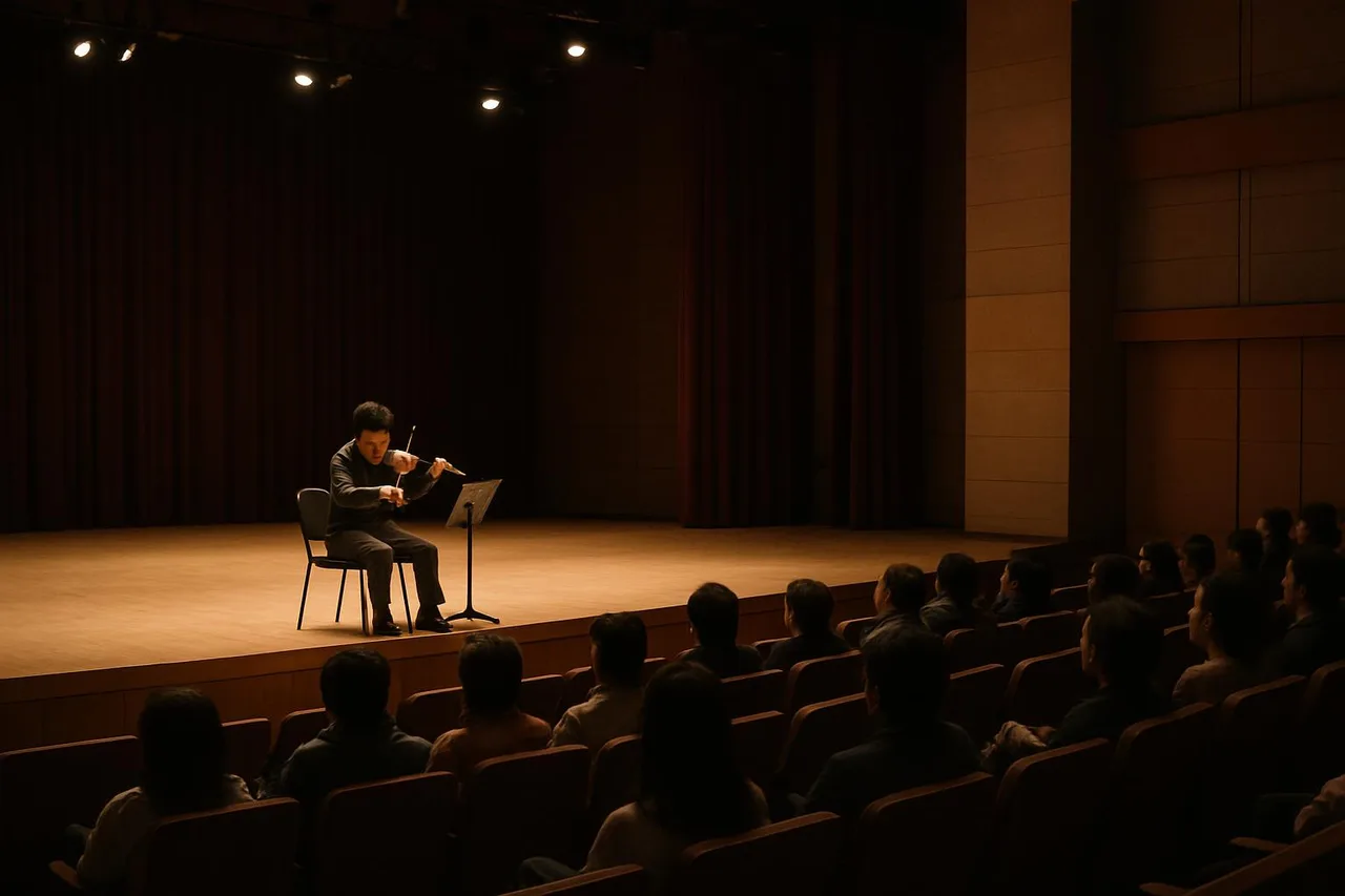 공연장 리허설 장면, 현악기 연주자와 객석 일부