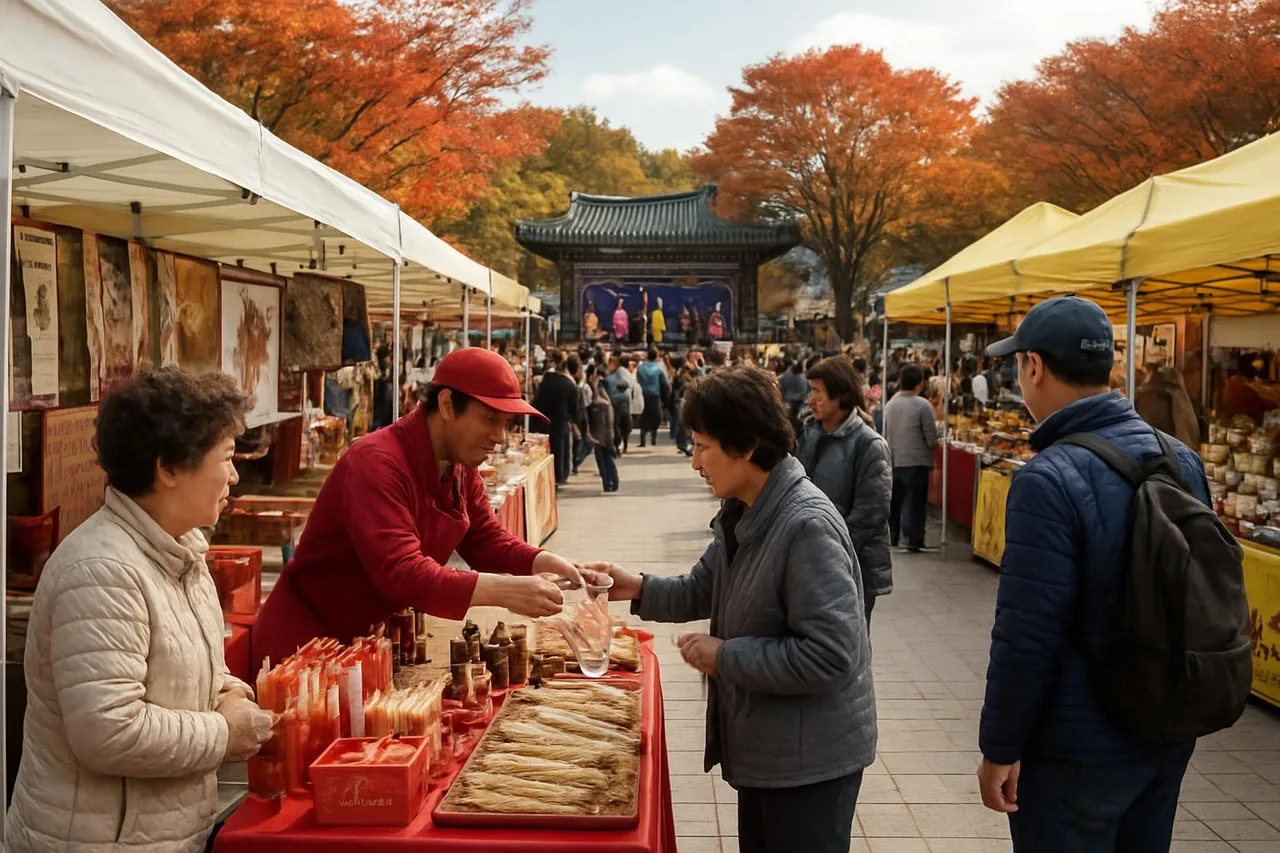 인삼 상품 노점과 무대가 보이는 축제 광장
