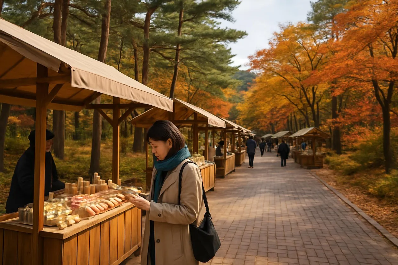 토리숲 산책로에 늘어선 판매 부스와 방문객의 모습