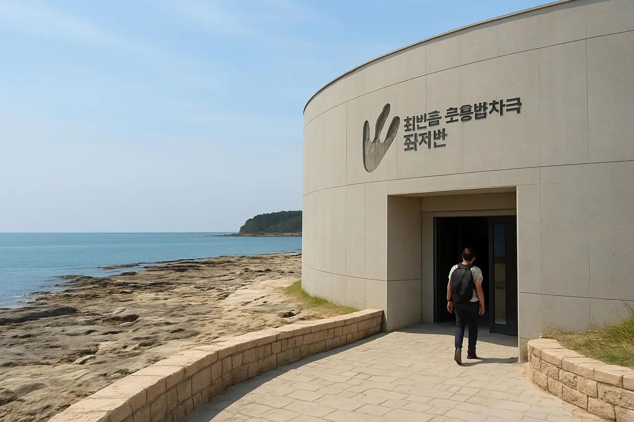 당항포 한반도공룡발자국화석관 전경과 해안 풍경
