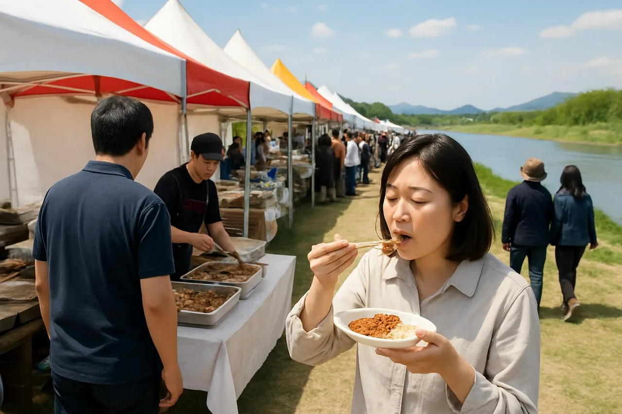 남대천 둔치의 낮 축제장 풍경