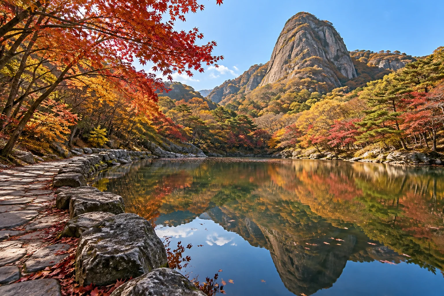 마이산 물가와 가을 암봉의 분위기를 표현한 생성 이미지