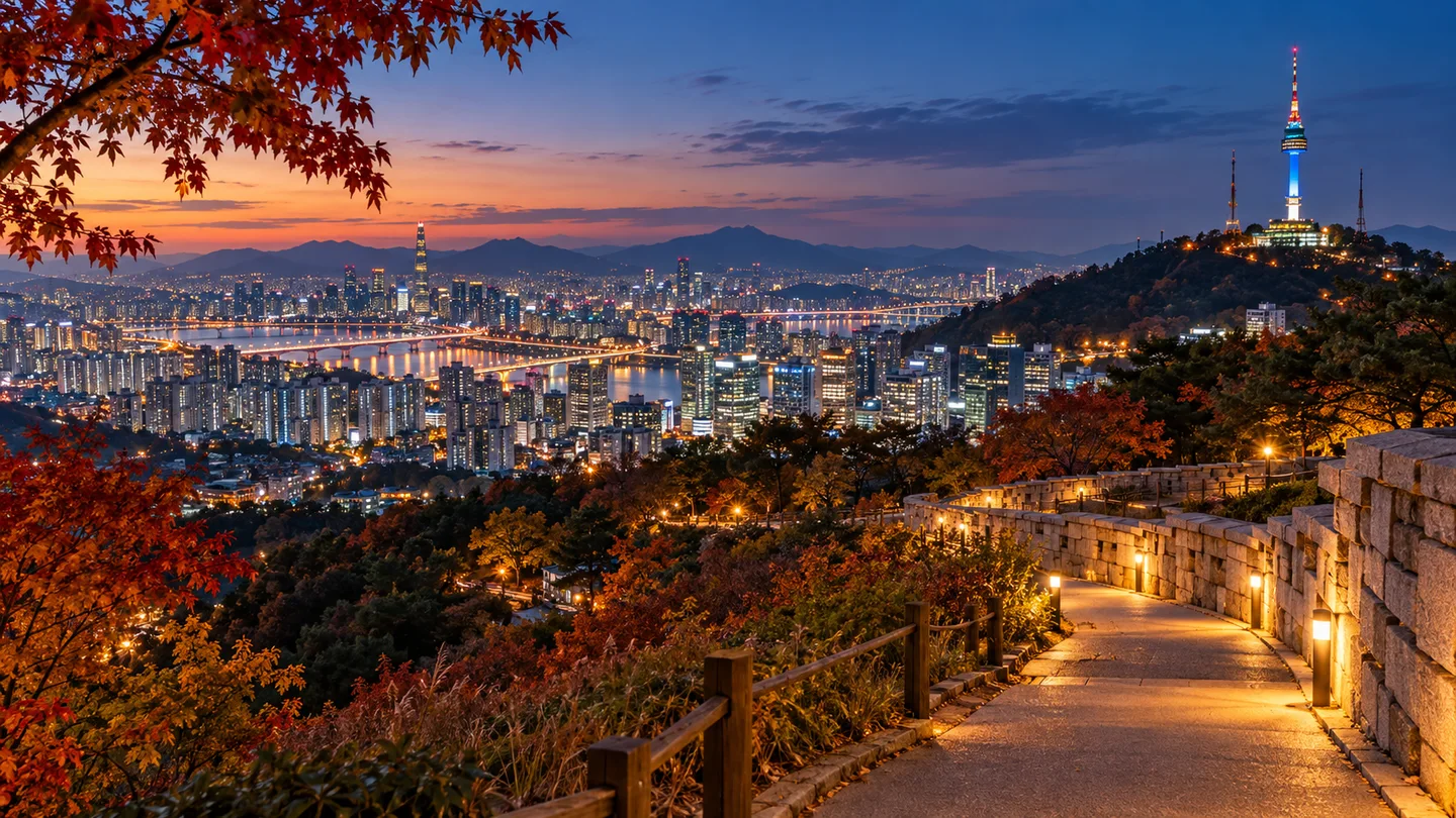 남산의 가을 산책길과 서울 야경을 표현한 편집 이미지