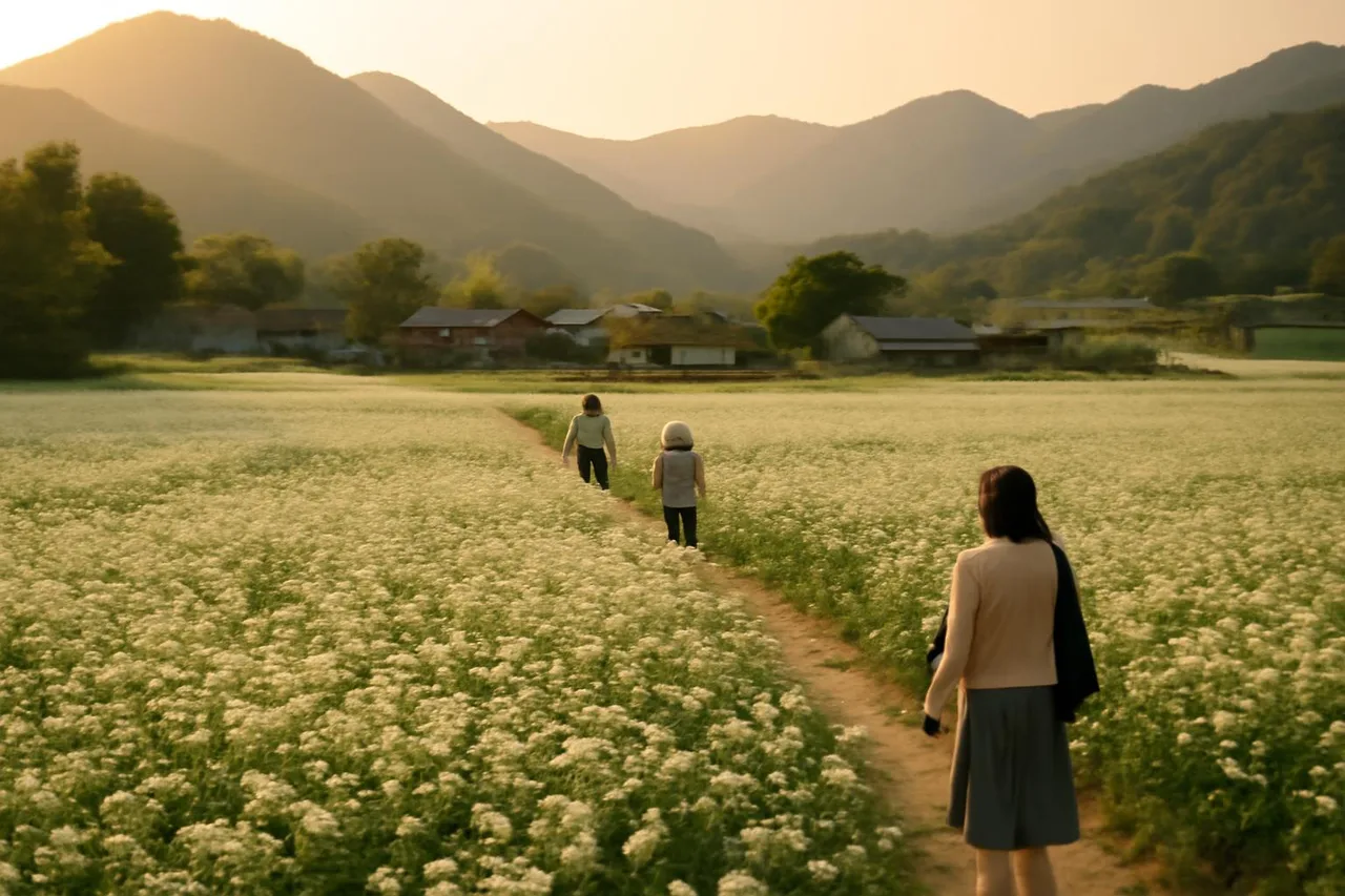 평창 봉평의 흰 메밀밭과 마을 전경