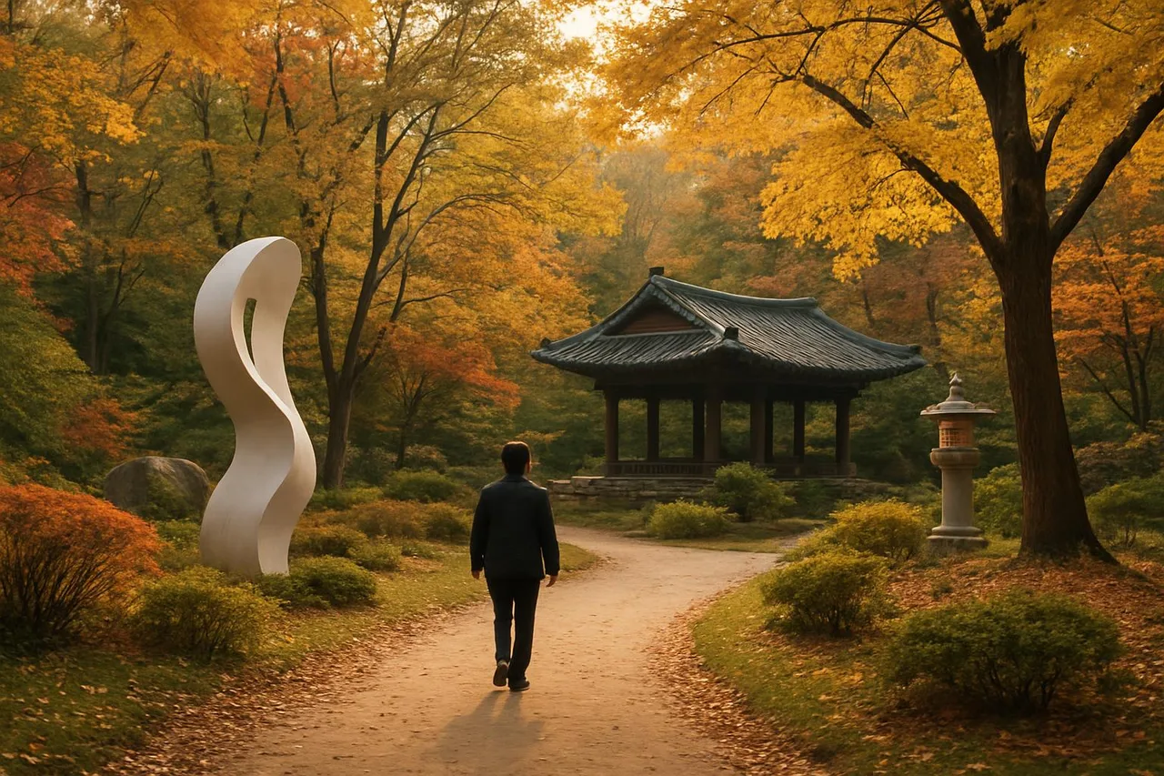 메덩골정원 전경과 조형물이 어우러진 가을 숲 풍경
