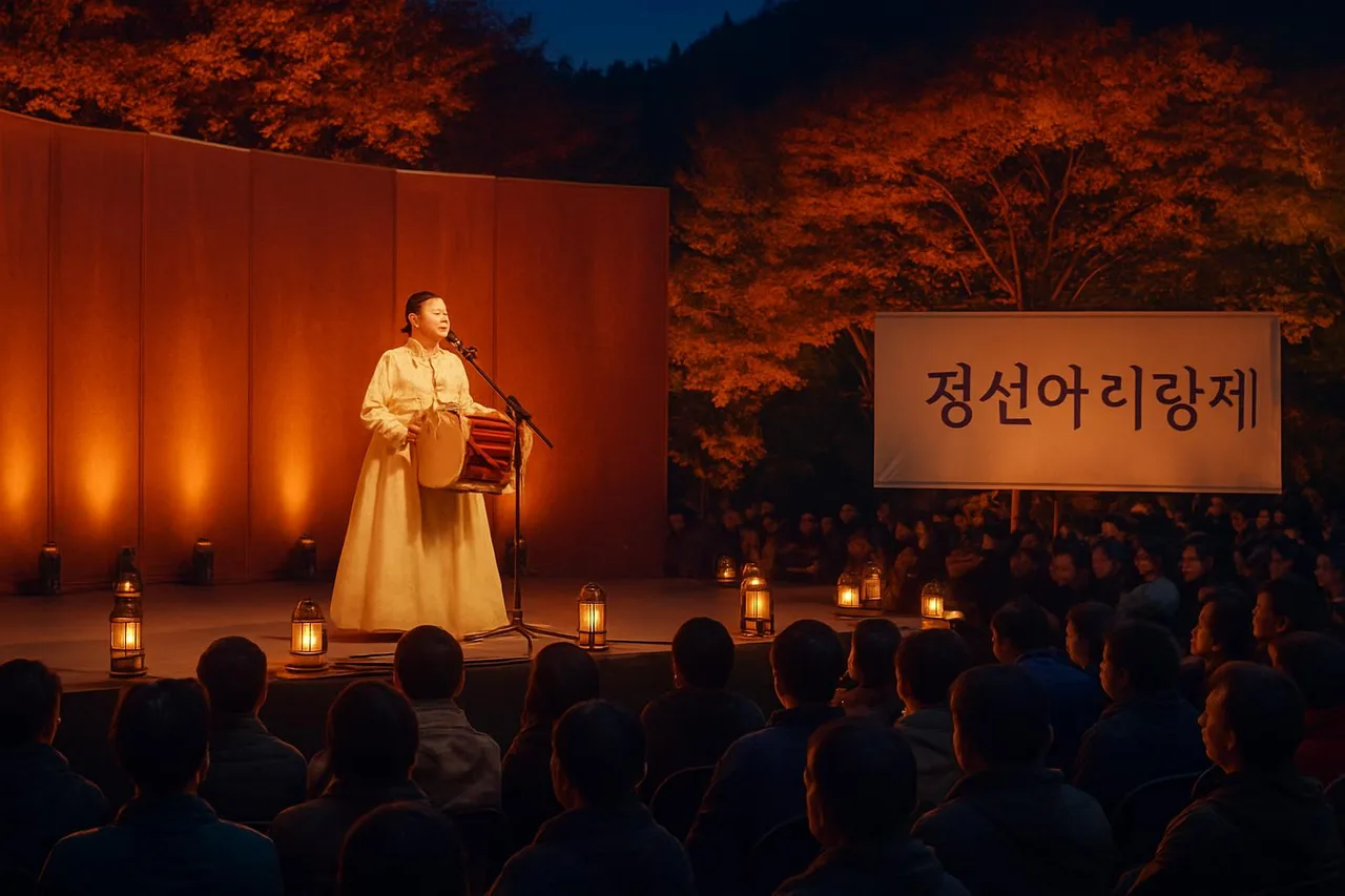 무대 조명 아래 전통 의상을 입고 아리랑을 부르는 공연자와 관객들의 실루엣