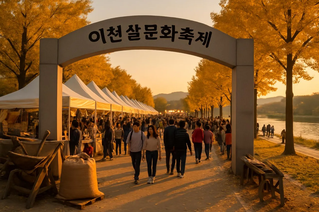 복하천 수변공원에서 열리는 이천쌀문화축제의 전경, 사람들로 붐비는 부스와 강변 산책로