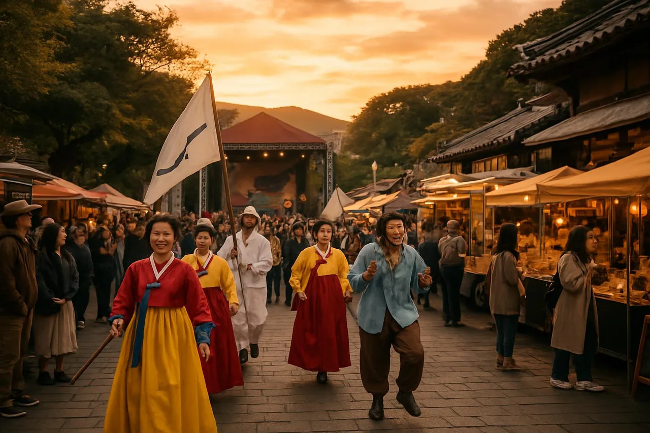 천지연폭포 주차장 일대의 축제 무대와 사람들