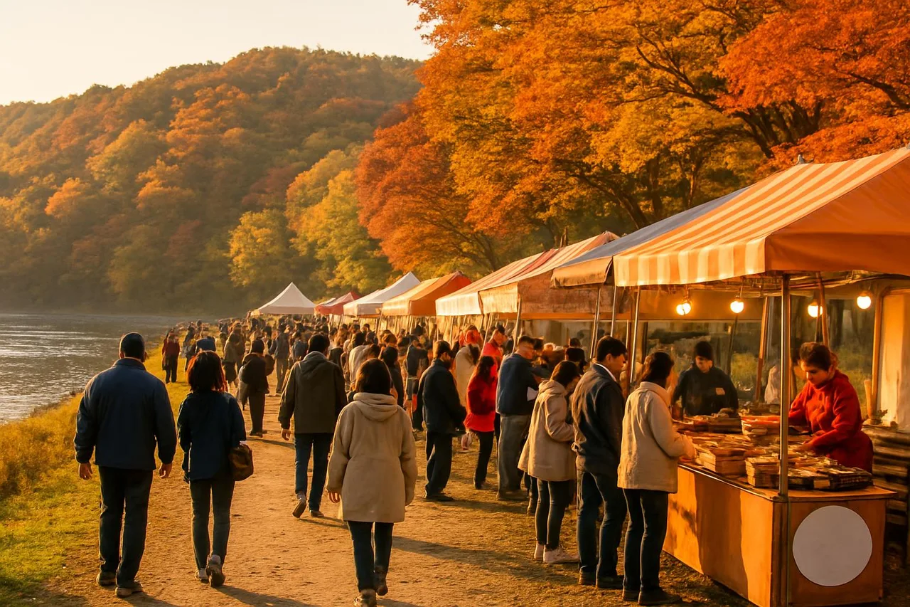 남대천 둔치에 마련된 축제장 전경과 방문객들