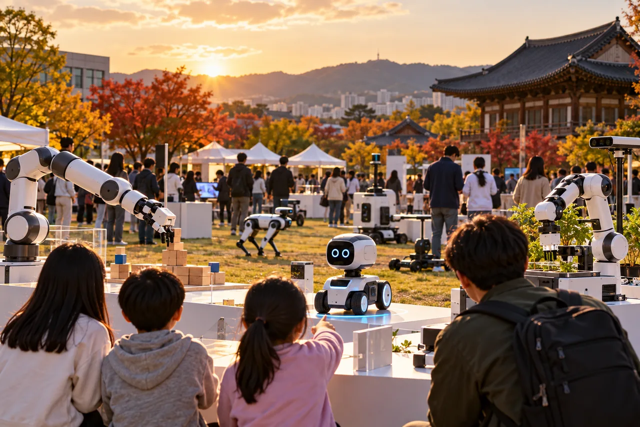전주 과학축전의 피지컬 AI 체험 분위기를 표현한 글자 없는 생성 이미지