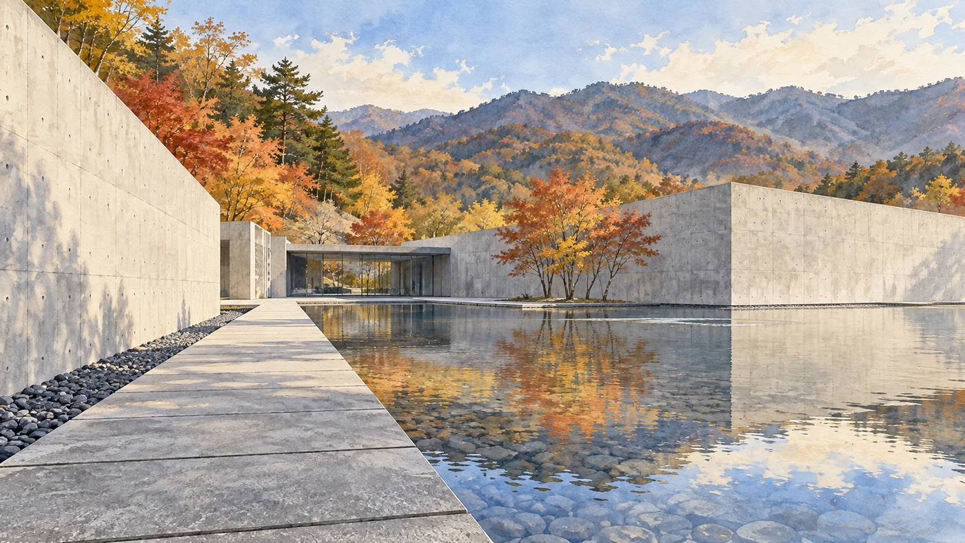 산 능선을 배경으로 물과 콘크리트 벽이 어우러진 미술관을 표현한 AI 편집 삽화