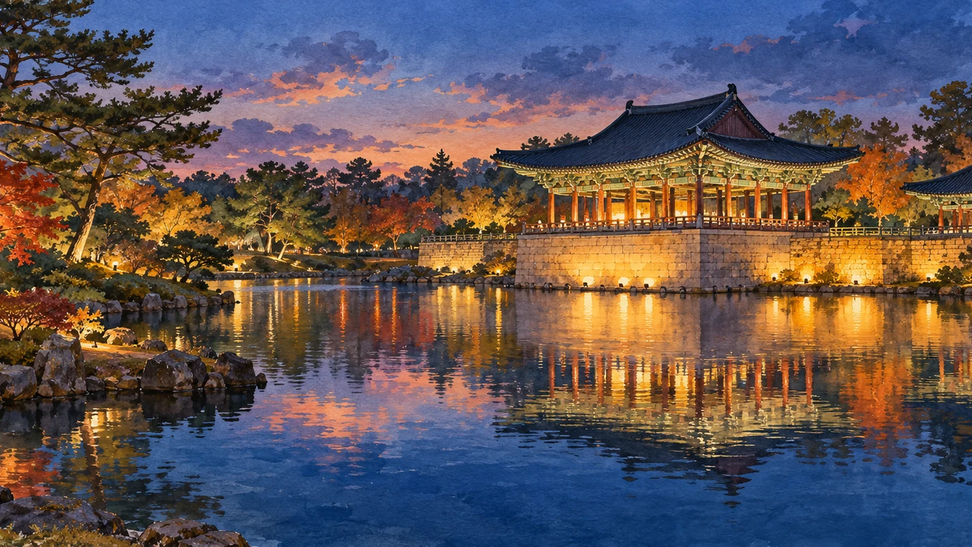 푸른 저녁 하늘 아래 전각의 불빛이 연못에 비치는 모습을 표현한 AI 편집 삽화