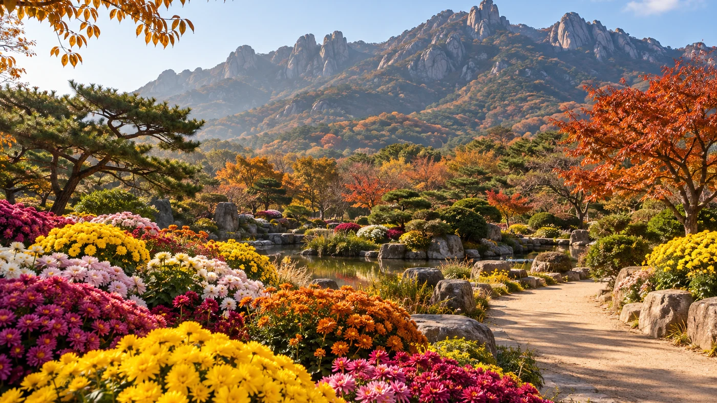 월출산을 배경으로 펼쳐진 국화 정원을 표현한 생성 이미지