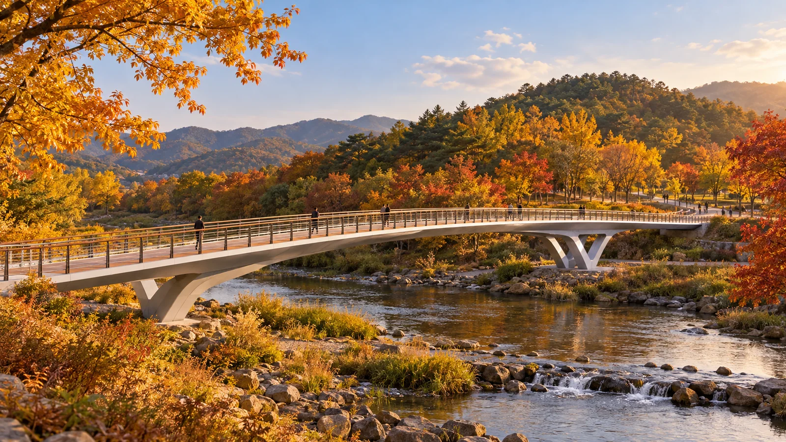 전주 덕진공원의 가을밤 호수와 한옥 누각을 표현한 생성 이미지