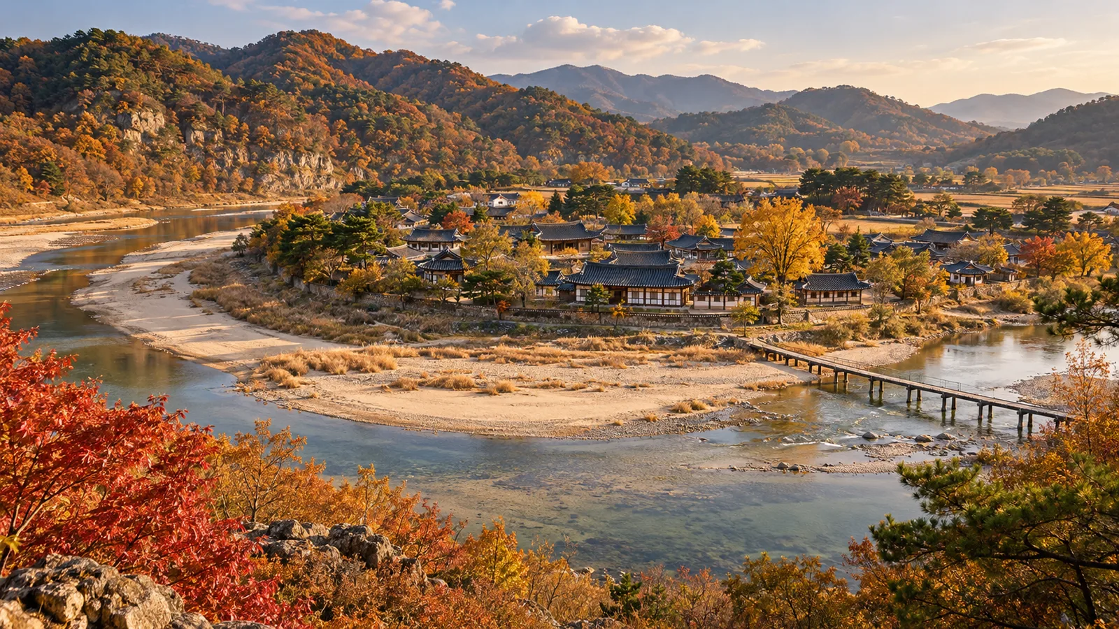 영주 무섬마을과 내성천 외나무다리를 표현한 생성 이미지