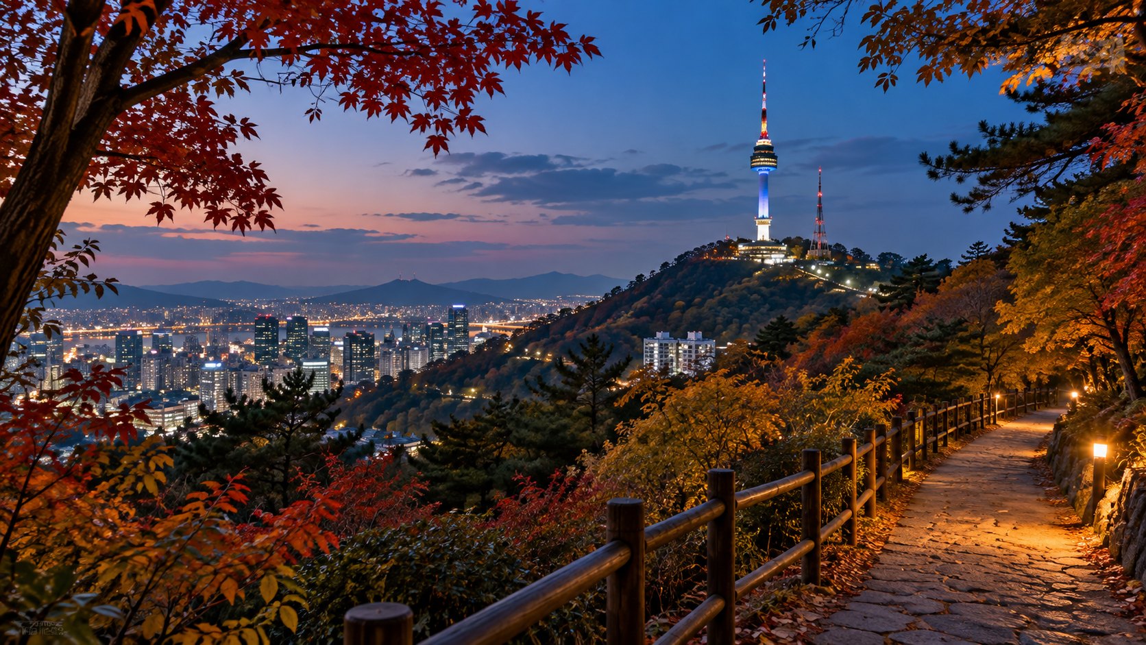 남산의 가을 산책길과 서울 야경을 표현한 편집 이미지