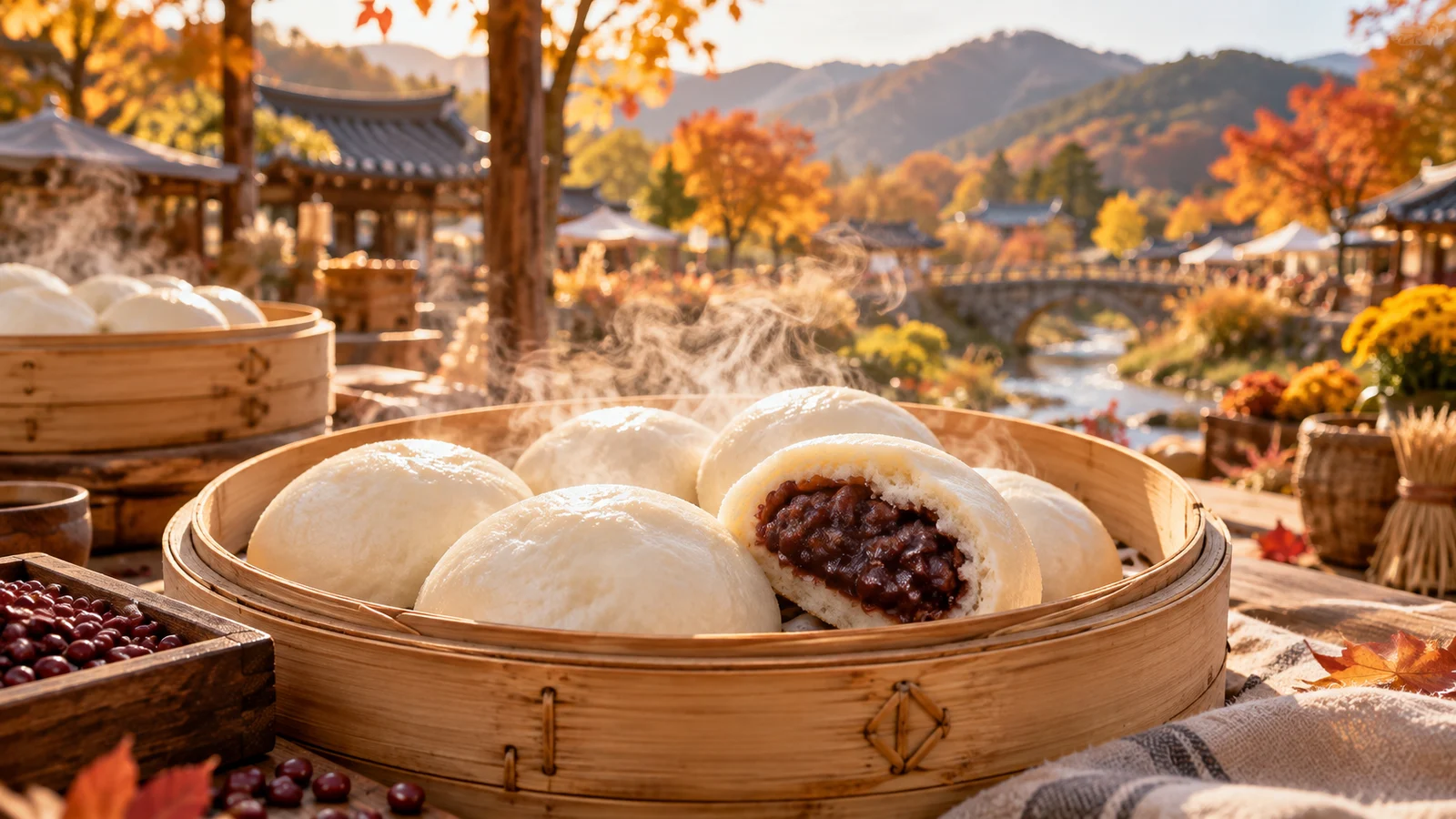 찐빵과 가을 마을을 소재로 제작한 편집 이미지
